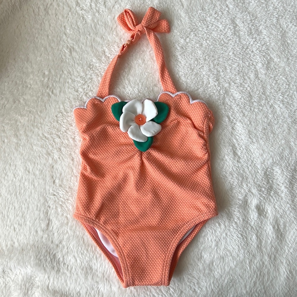 Janie and Jack girl’s one piece orange halter swimsuit 0-6 months.